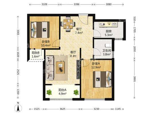 红石原著2室2厅1卫93㎡