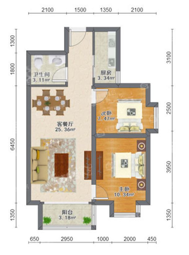 瑞城D区2室2厅1卫90㎡