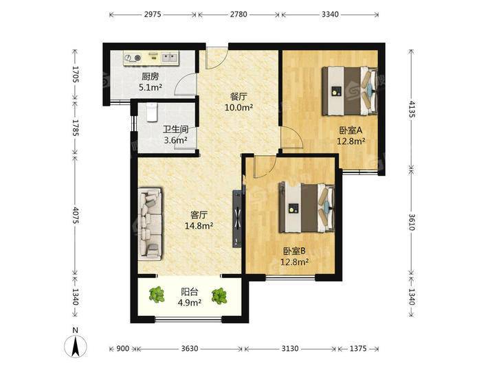 汇君城E区2室2厅1卫87㎡