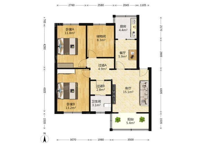 东方航空公司宿舍（城乡街69号）3室1厅1卫92㎡