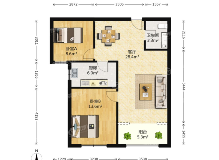 奥北公元（二期）2室2厅1卫86㎡