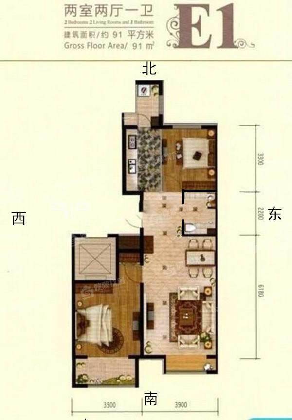 皇家壹里（B区）2室2厅1卫91㎡