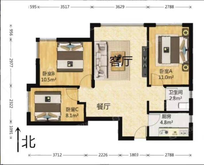 阿尔卡迪亚（荣景园）3室2厅1卫91㎡