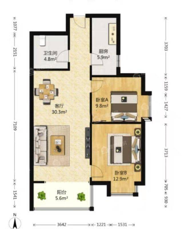 瑞城B区2室2厅1卫87㎡