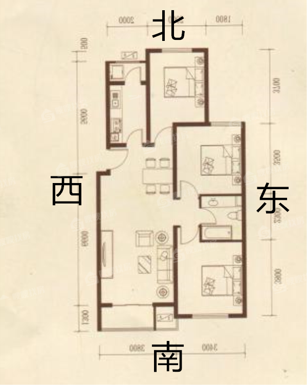 一世界回迁1-15#3室2厅1卫110㎡