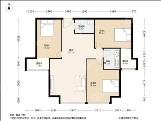 冠城3室2厅1卫121㎡